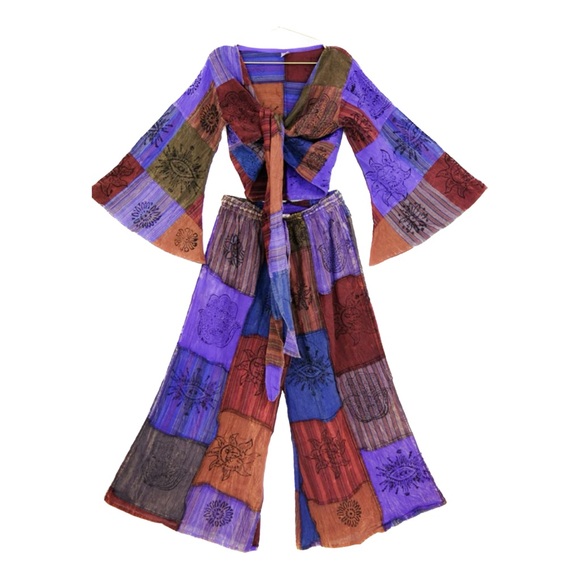 Other - Patchwork Cotton Palazzo Wide Leg Pant and Top Set Free Size Purple Blue Boho